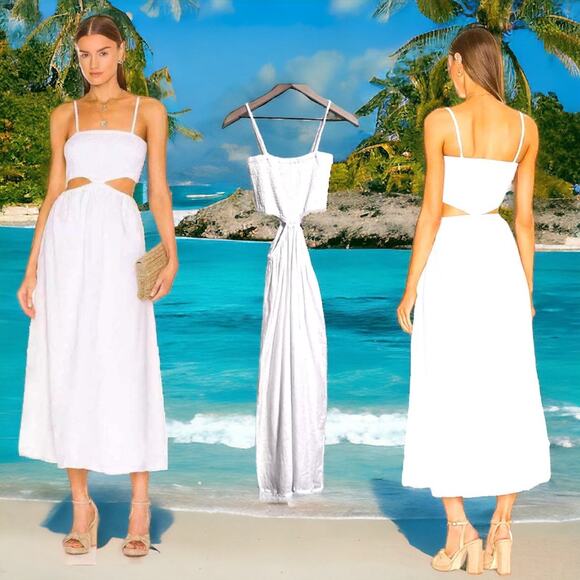 FAITHFULL THE BRAND Tayari Midi Dress 100% Linen White Beach Cutout US 8  299.00 - Picture 1 of 13